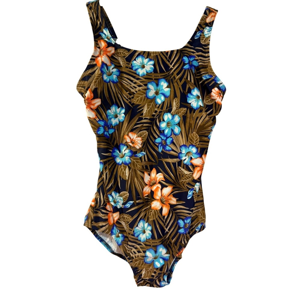 Lands' End One Piece Swimsuit Women 6 Blue Orange Floral‎ Tropical Scoop Neck